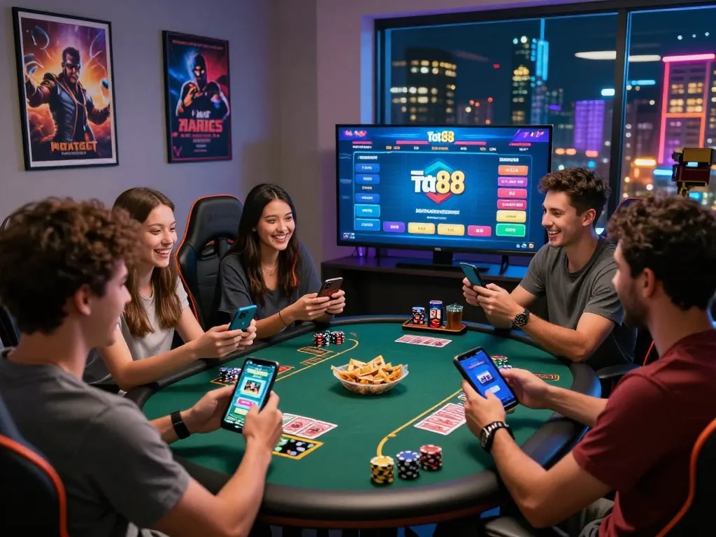 Friends enjoying an exciting gaming experience on the tot88 platform in a stylish home setting, modern gaming accessories visible.