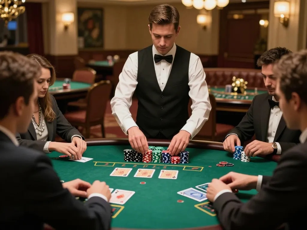 kkwin players engaged at blackjack table with stacks of chips in a high-end casino atmosphere.