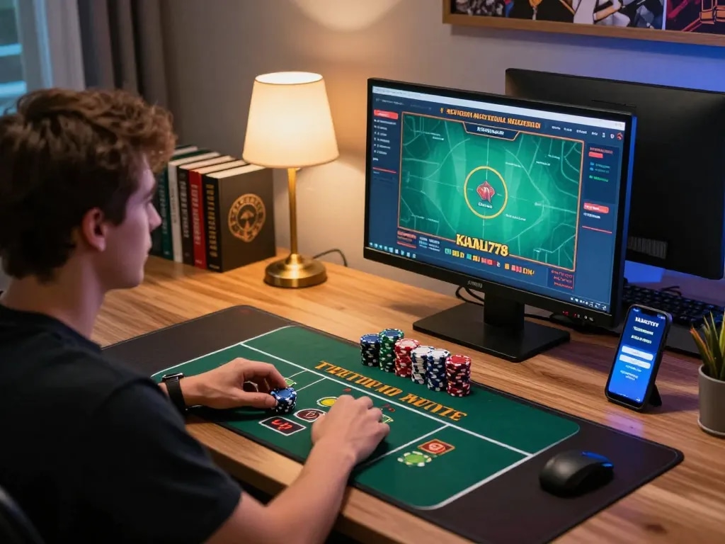 KADAL778 user engaged in online gaming with live dealer action on screen, chips stacked next to them.