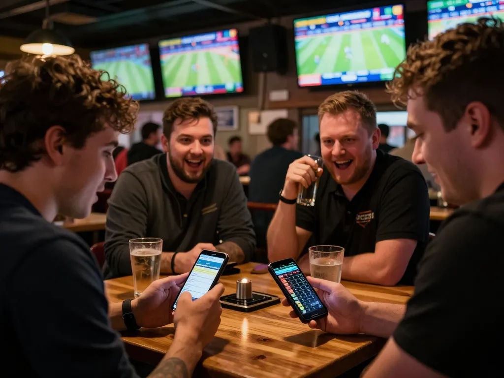 Tỷ lệ kèo displayed on screens, capturing the excitement of live sports betting at a bustling bar.