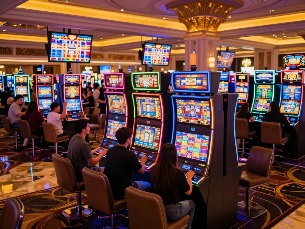 Players engaging with dash88 slot machines, vibrant atmosphere at a Las Vegas casino, excitement and dynamic energy