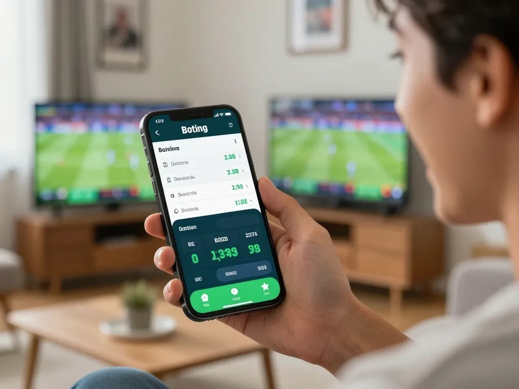 Player engaging with LGOGOAL betting app on smartphone during live game, showcasing sports betting excitement