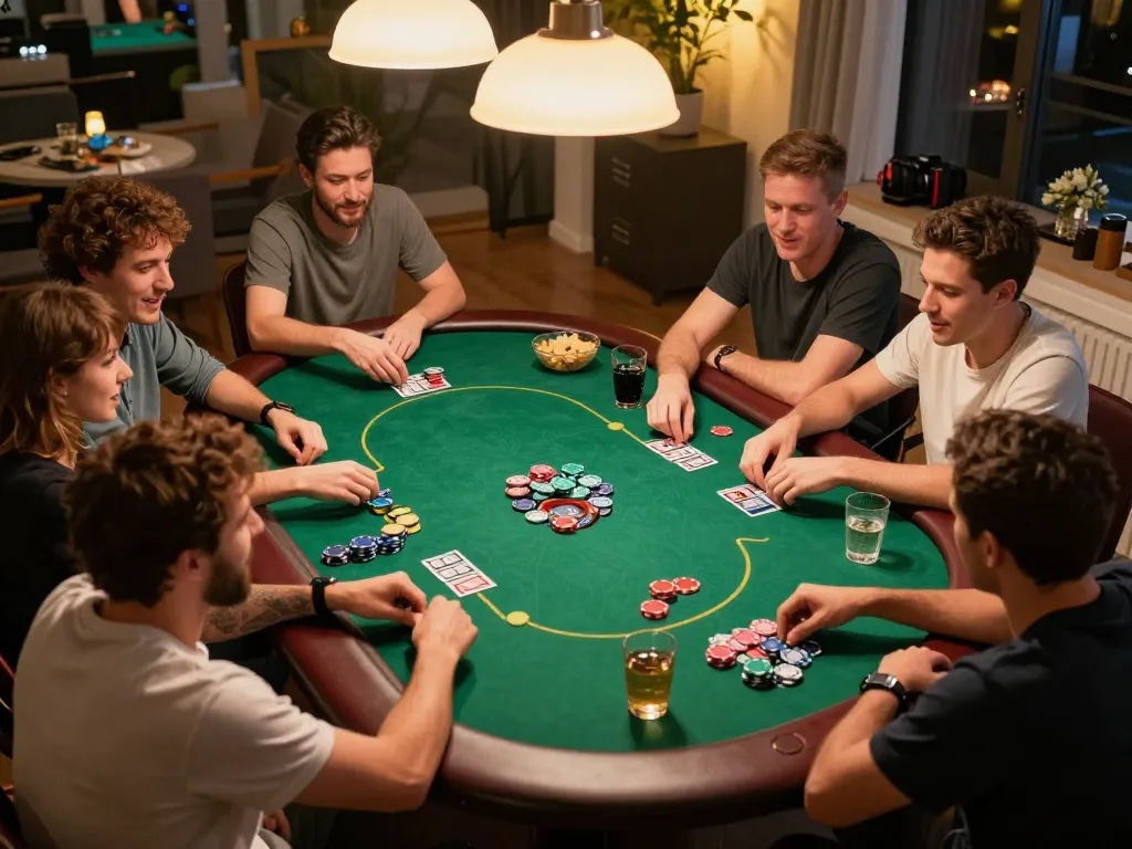 Create a Caricature of a lively home poker game with friends enjoying their gaming night, strategic hands displayed.