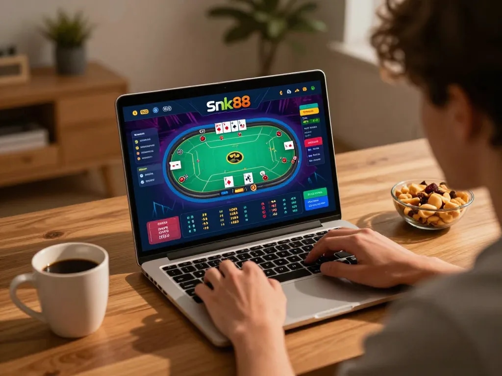 Engaged player using the snk88 platform on a laptop for online poker gameplay in a cozy home.