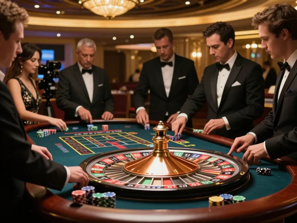 Players strategizing at a roulette table in a luxury casino, featuring LV88 branding and vibrant atmosphere.
