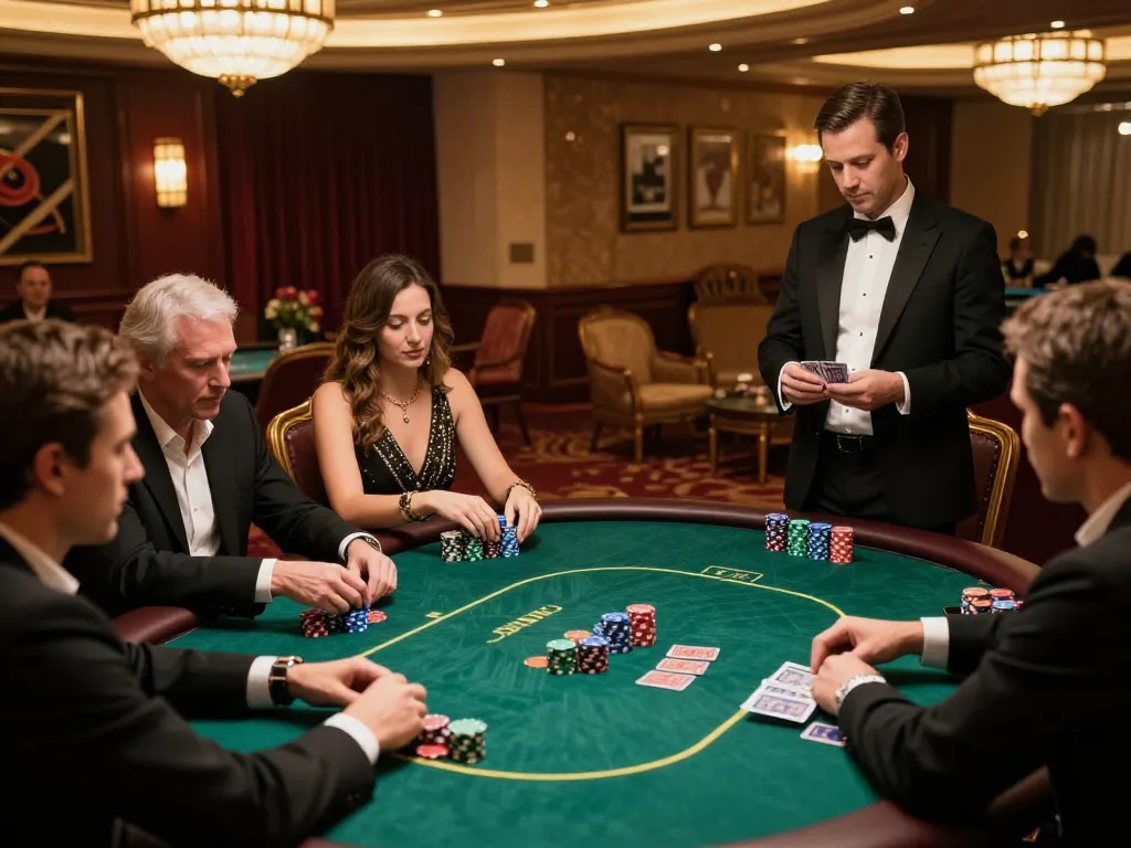 Winning strategies at American Chinese Style poker table in an upscale casino atmosphere