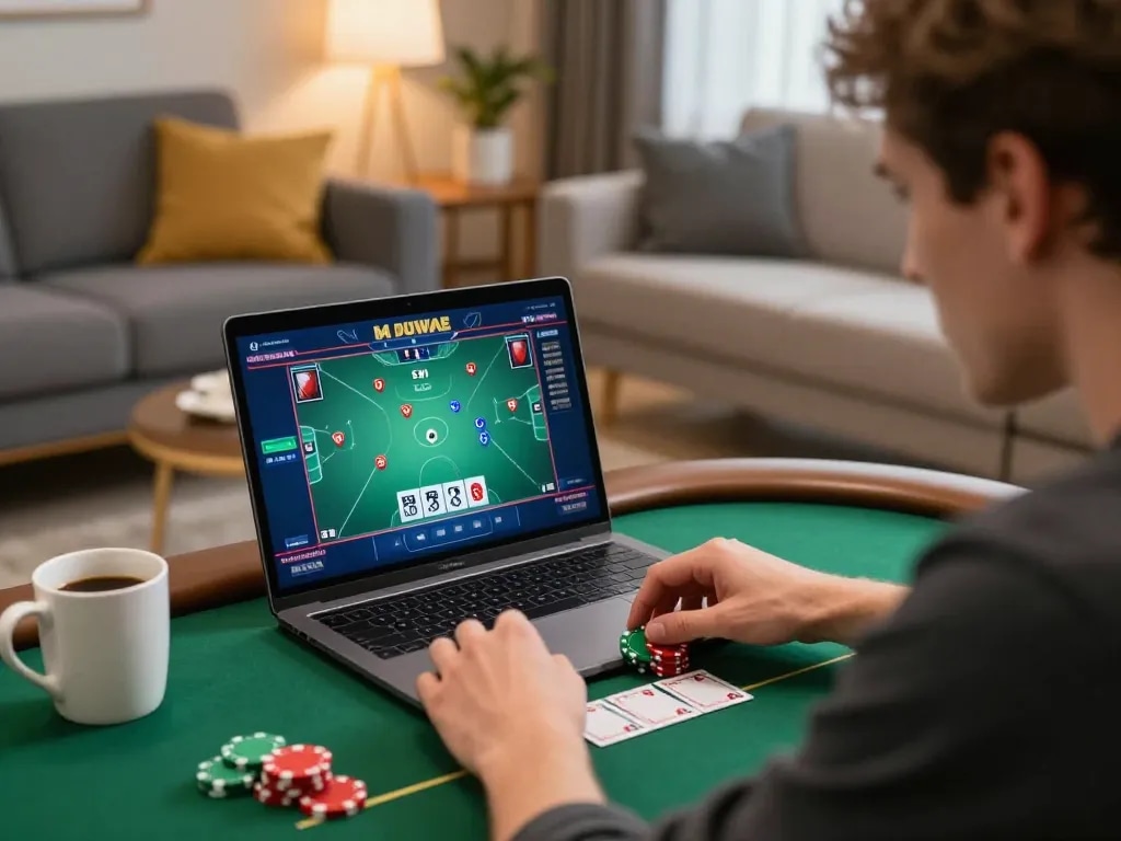 Tg88 player enjoying online poker game at home with a laptop, intense focus on screen.