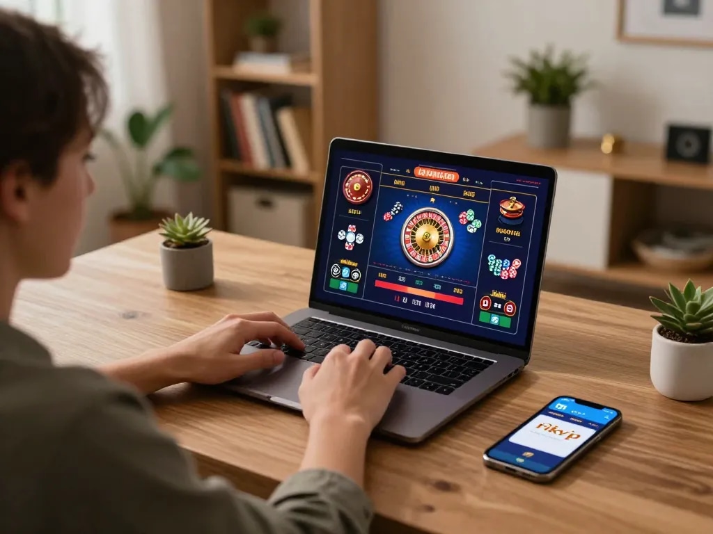 Engaging with the rikvip platform on a laptop in a cozy home setting, showing dynamic online gaming.