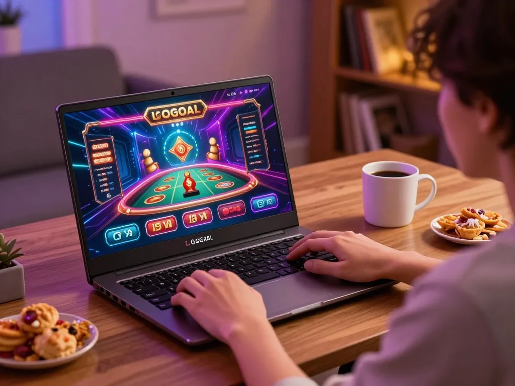 Person enjoying LGOGOAL online gaming experience with laptop and cozy setup