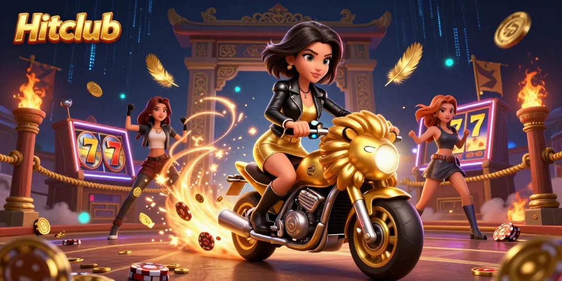 Experience thrilling action at Hitclub with a glamorous scene of an Asian woman riding a golden lion, surrounded by casino elements.