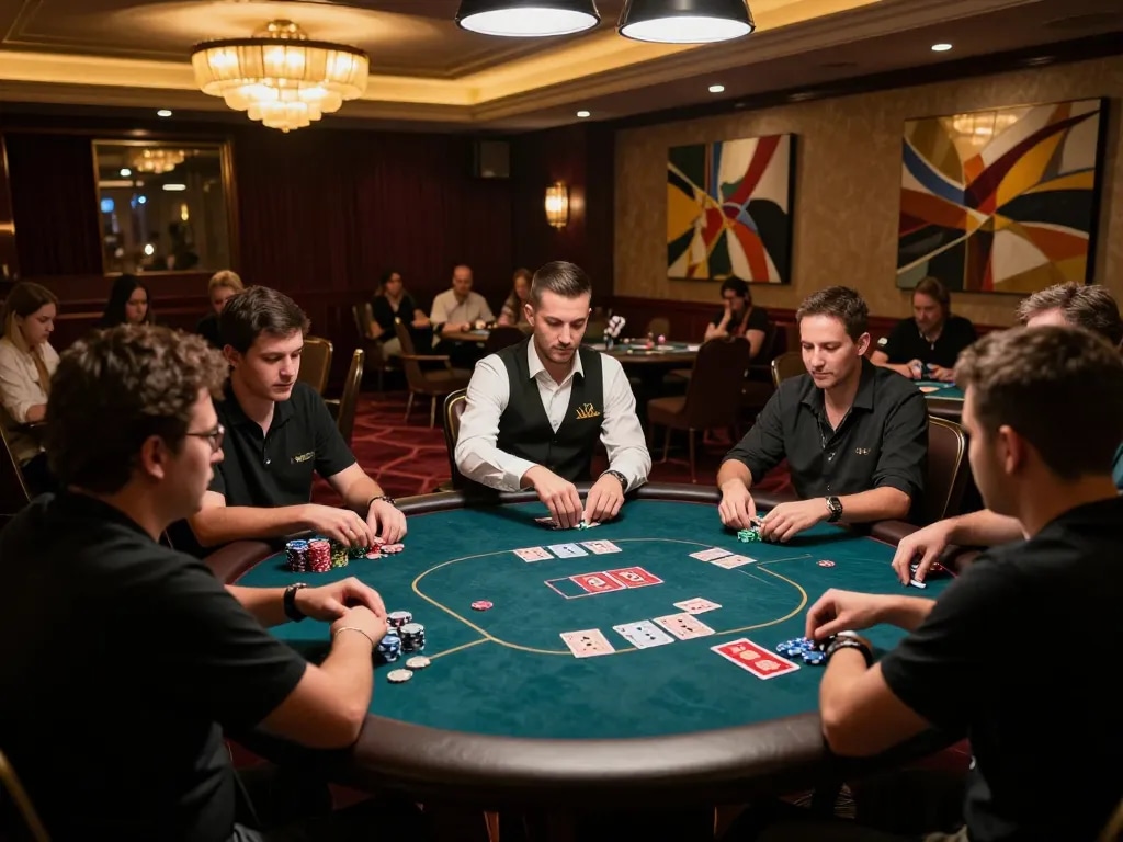 Players engaging intensely in a poker game at an upscale casino, showcasing mpoid strategies.