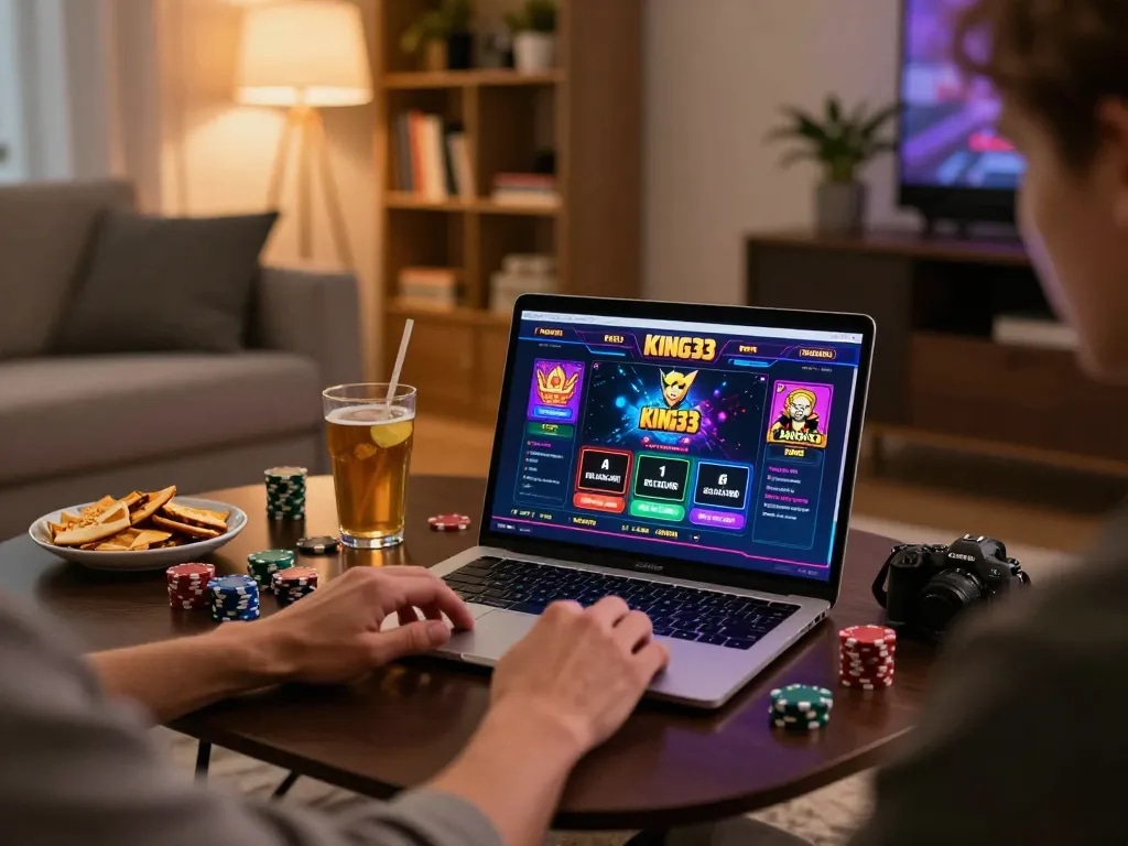 King33 player engaging in online casino gameplay with vibrant graphics and snacks alongside