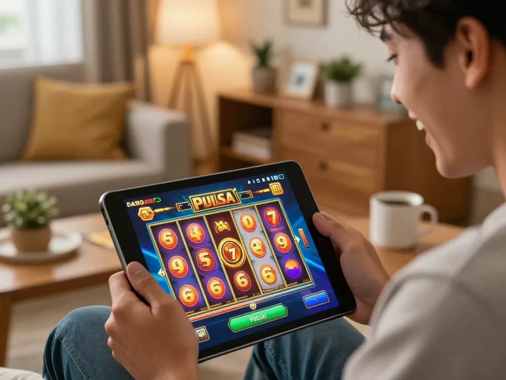 Engaged player enjoying an exciting online slot pulsa session on a tablet, vibrant game visuals and cozy home environment.
