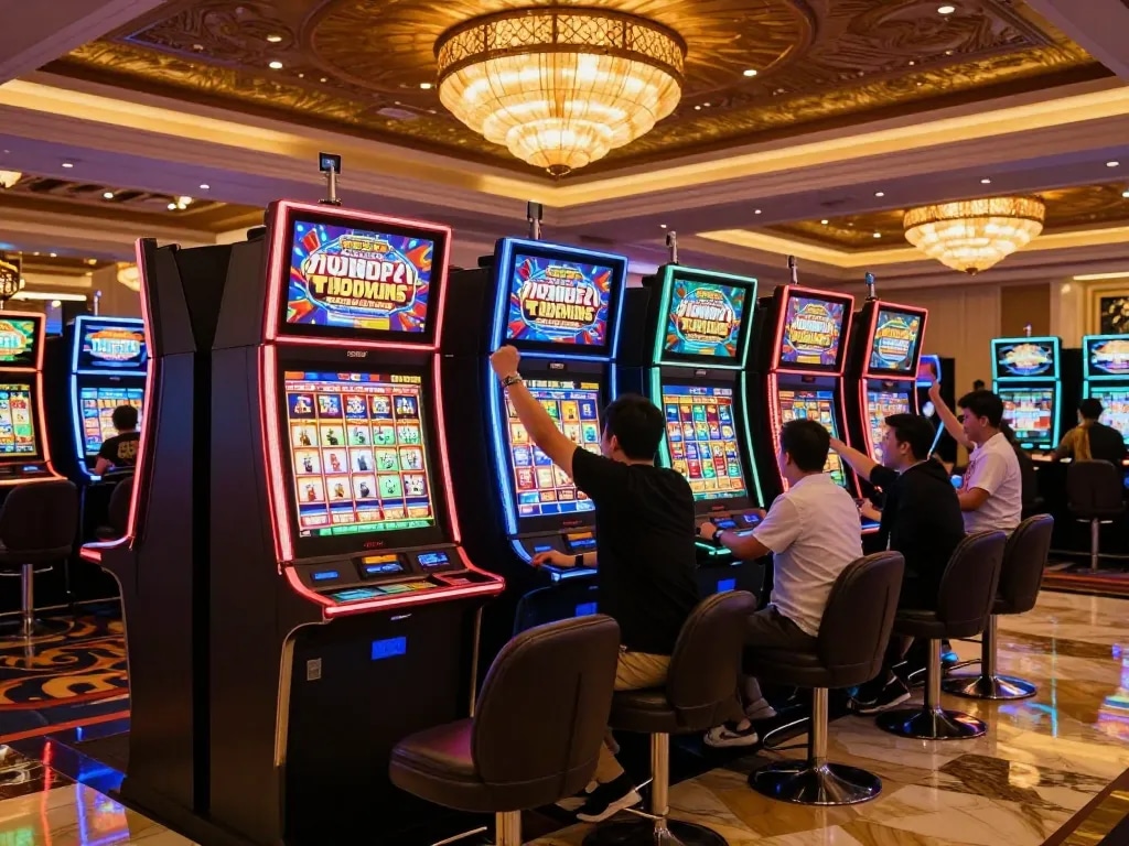 Players celebrating at vibrant slot qris machines in a stylish casino atmosphere, showcasing excitement and engagement with modern gaming.