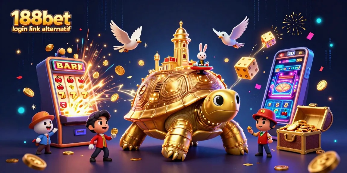 Link alternatif untuk masuk 188bet dengan dealer kelinci di tempatnya, dikelilingi slot jackpot dan koin emas.