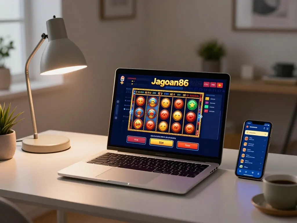 Experience dynamic gameplay with jagoan86 on a stylish home office setup featuring laptop interface