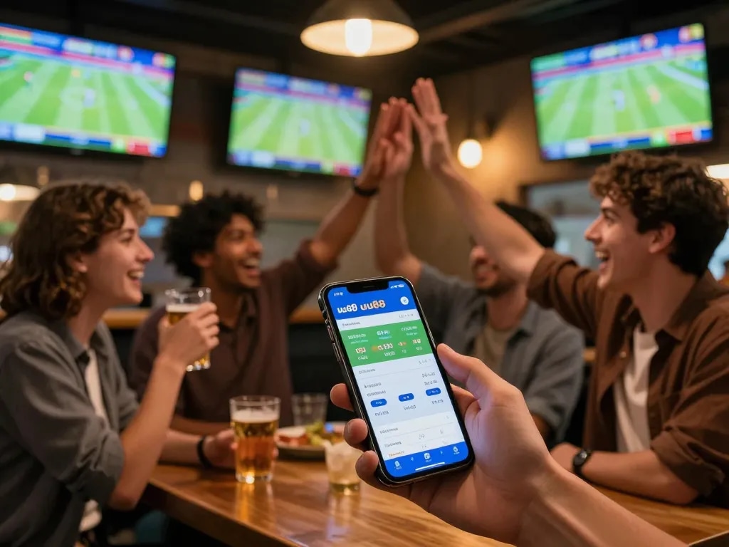 Exciting sports betting moment with friends using the uu88 app for live betting.