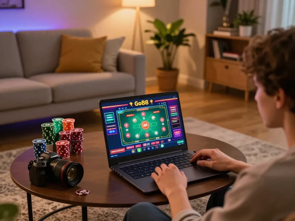 Player enjoying Go88's gambling interface at home, showcasing casino gameplay experience.