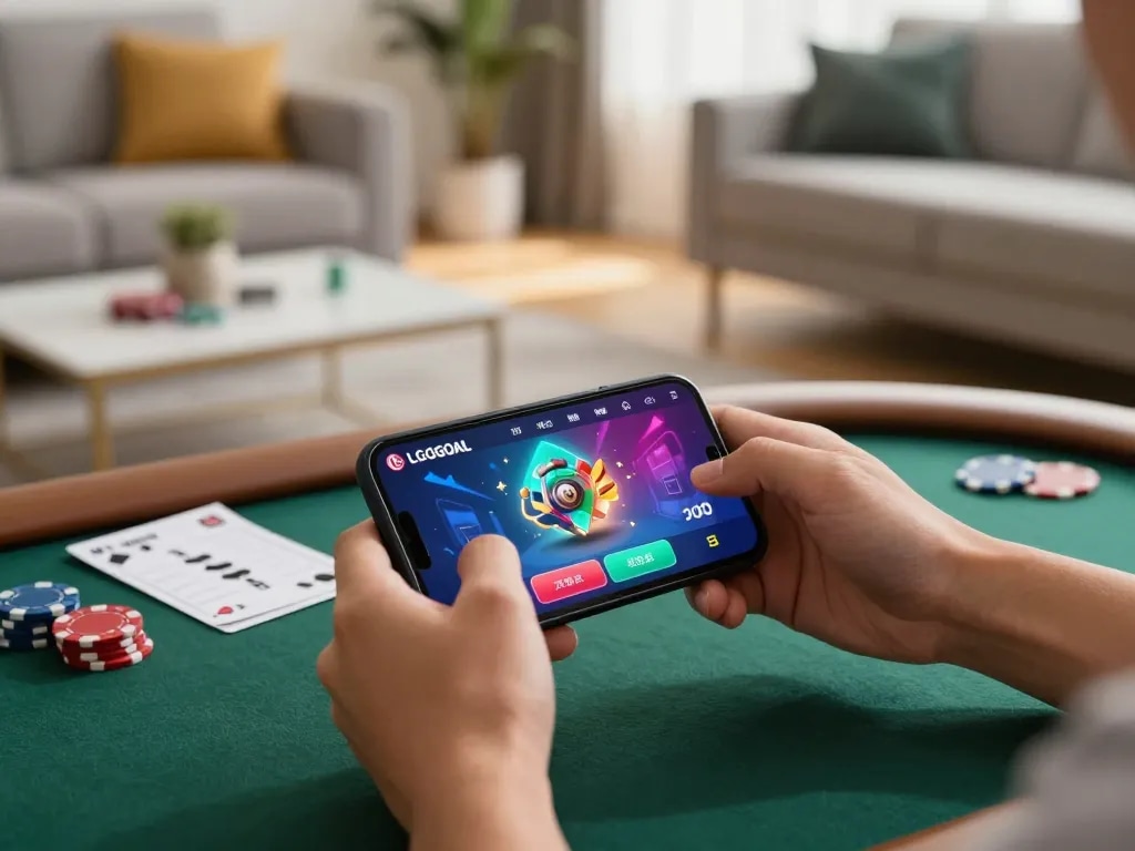 Engaging gaming moment with LGOGOAL mobile app in a cozy living room, emphasizing strategy and enjoyment.