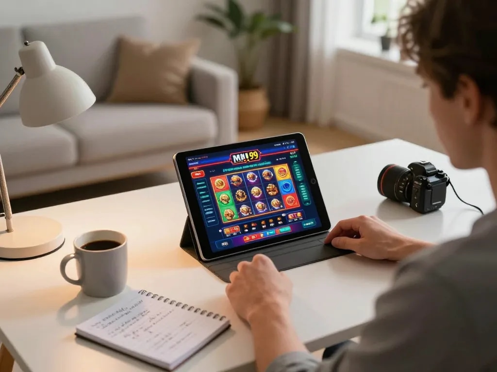 Engaging home online gaming session featuring MM 99 casino interface on tablet.