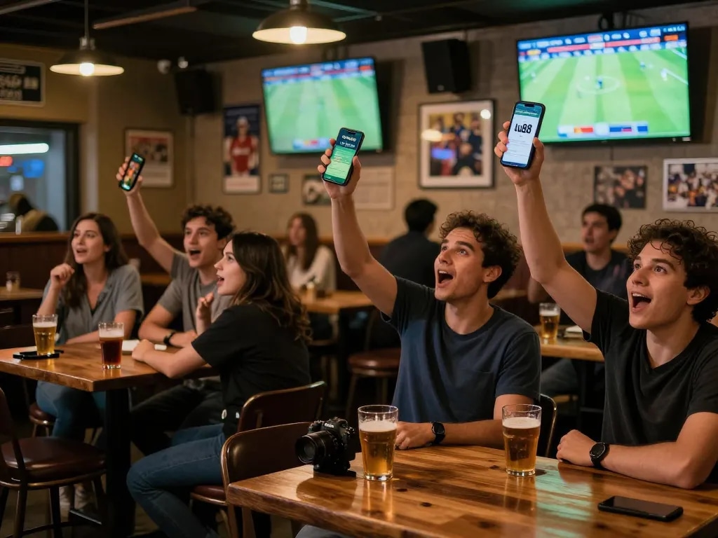 Friends using the uu88 app while enjoying live sports betting in a lively sports bar setting.