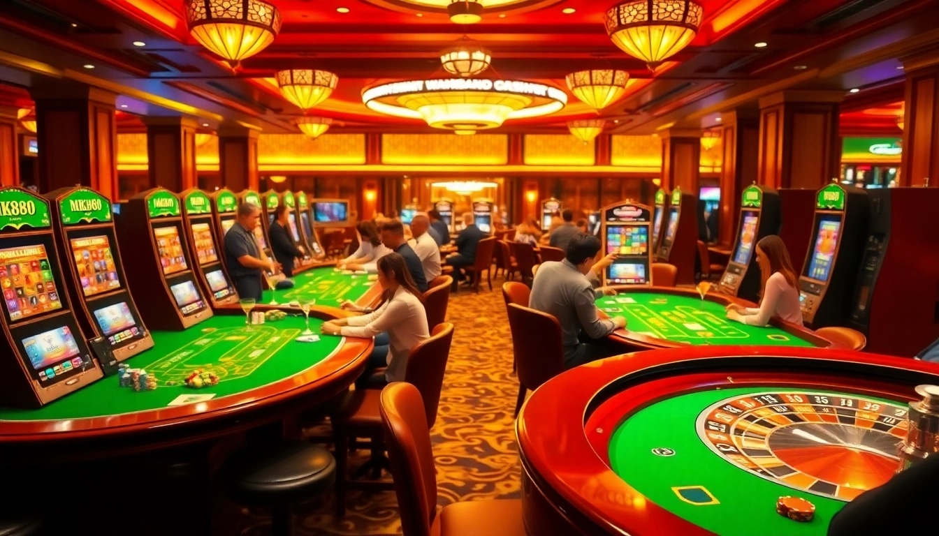 Engaging scene showcasing MK888 slot machines amidst a vibrant casino atmosphere with excited players.