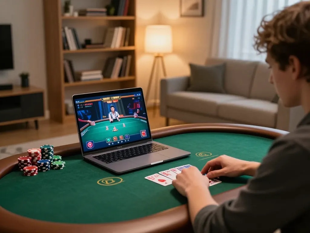 Engaged player strategizing on hitclub poker game on a laptop at home