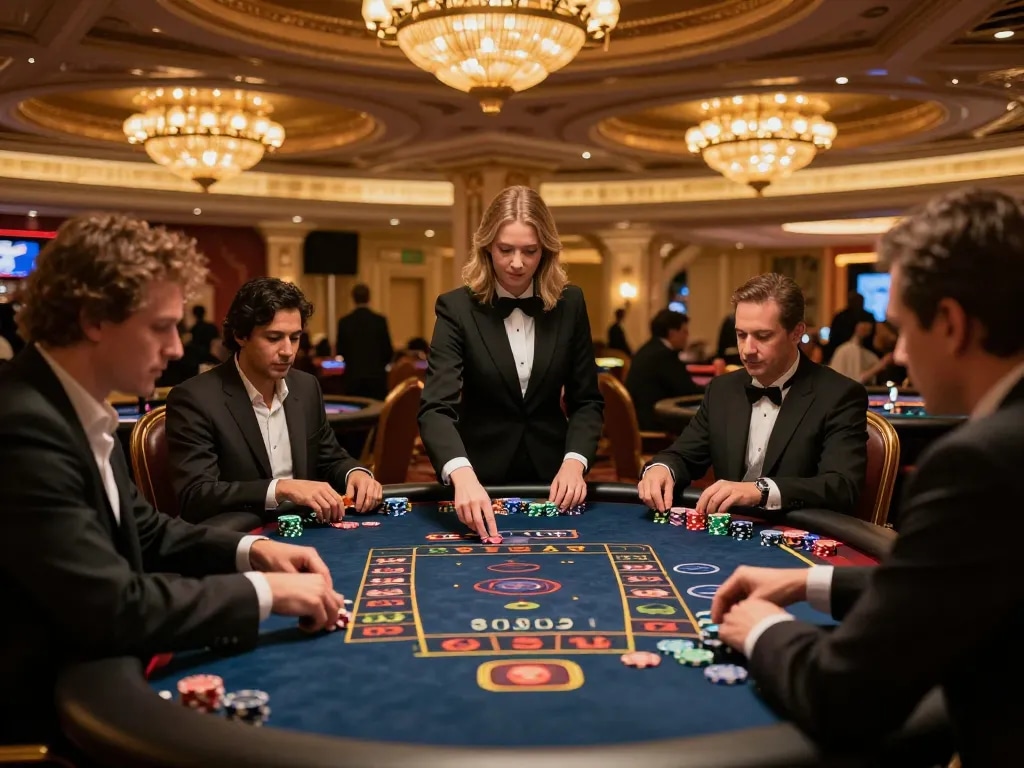 Engaging players in a vibrant casino showcasing situs slot gacor with roulette tables in action.