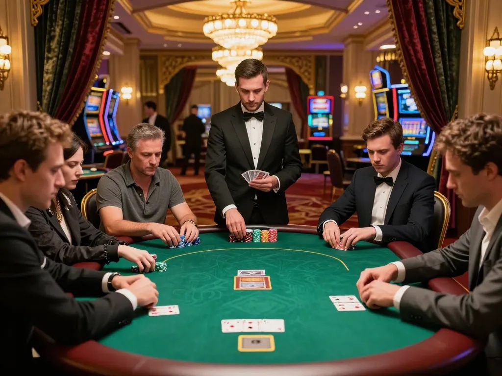 Players engaged in a high-stakes poker game at luxury casino table, striving for the 789 win.