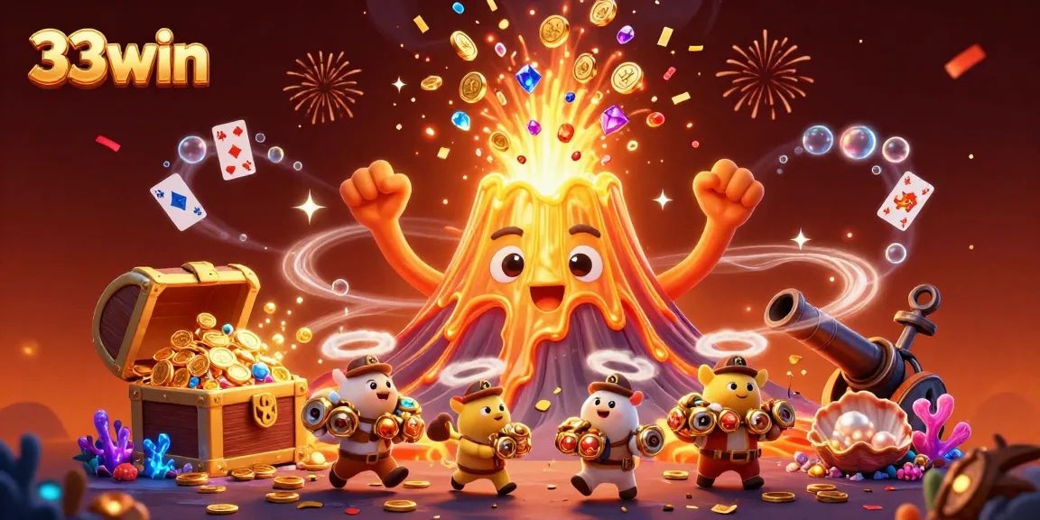 Experience the thrill of 33win as a golden volcano erupts treasures, set in a vibrant casino scene.