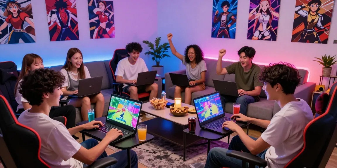 Friends enjoying gay ecchi game in a vibrant gaming setup, showcasing excitement and camaraderie.