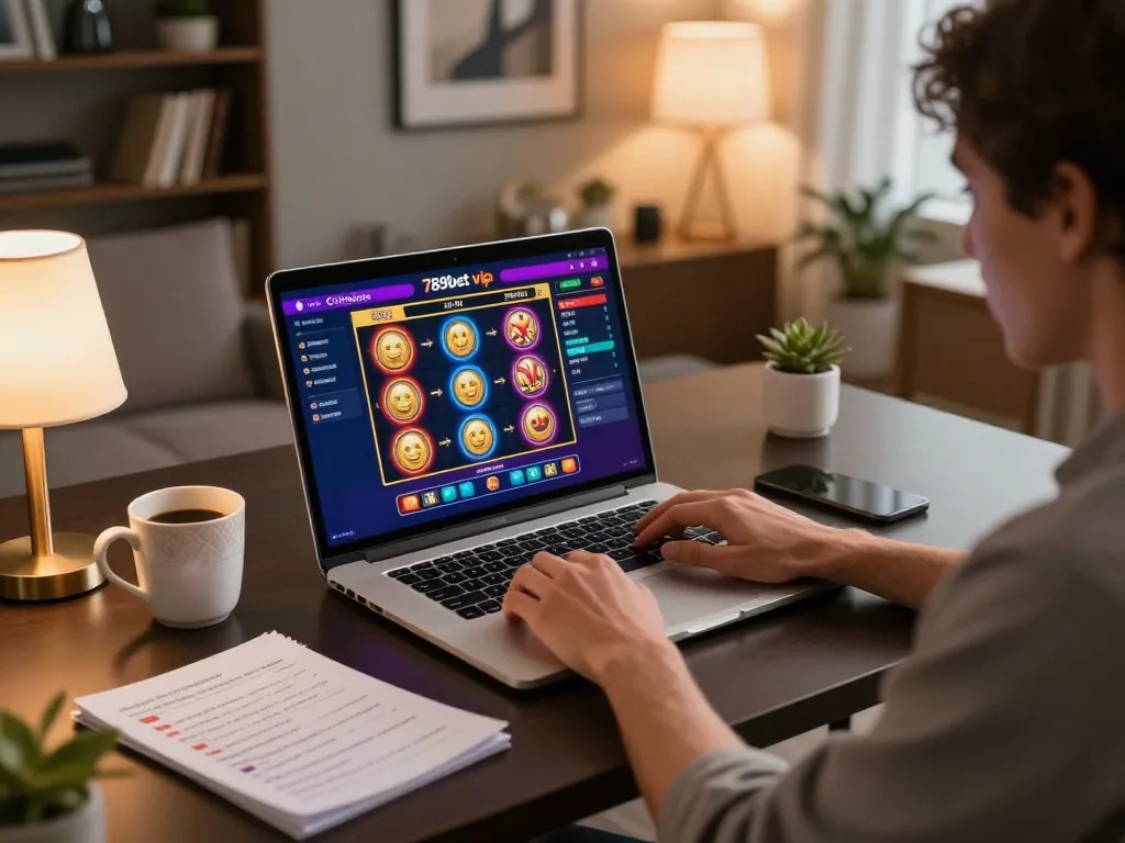 Engaging home gaming setup with 789bet vip displayed on laptop during casual online slot gaming.