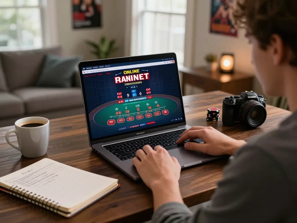 Engaging in Canada online casinos gaming at home, a player strategizes over blackjack with a laptop and notes.