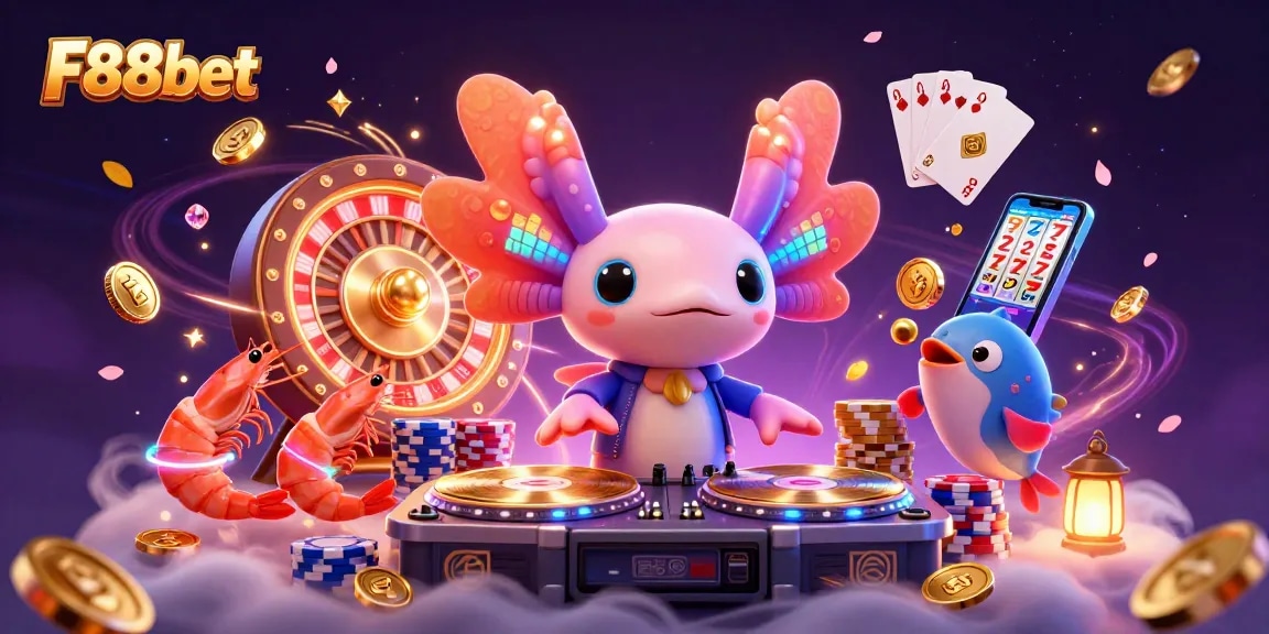 Experience the vibrant world of F88bet with a neon axolotl DJ, shimmering with casino elements.