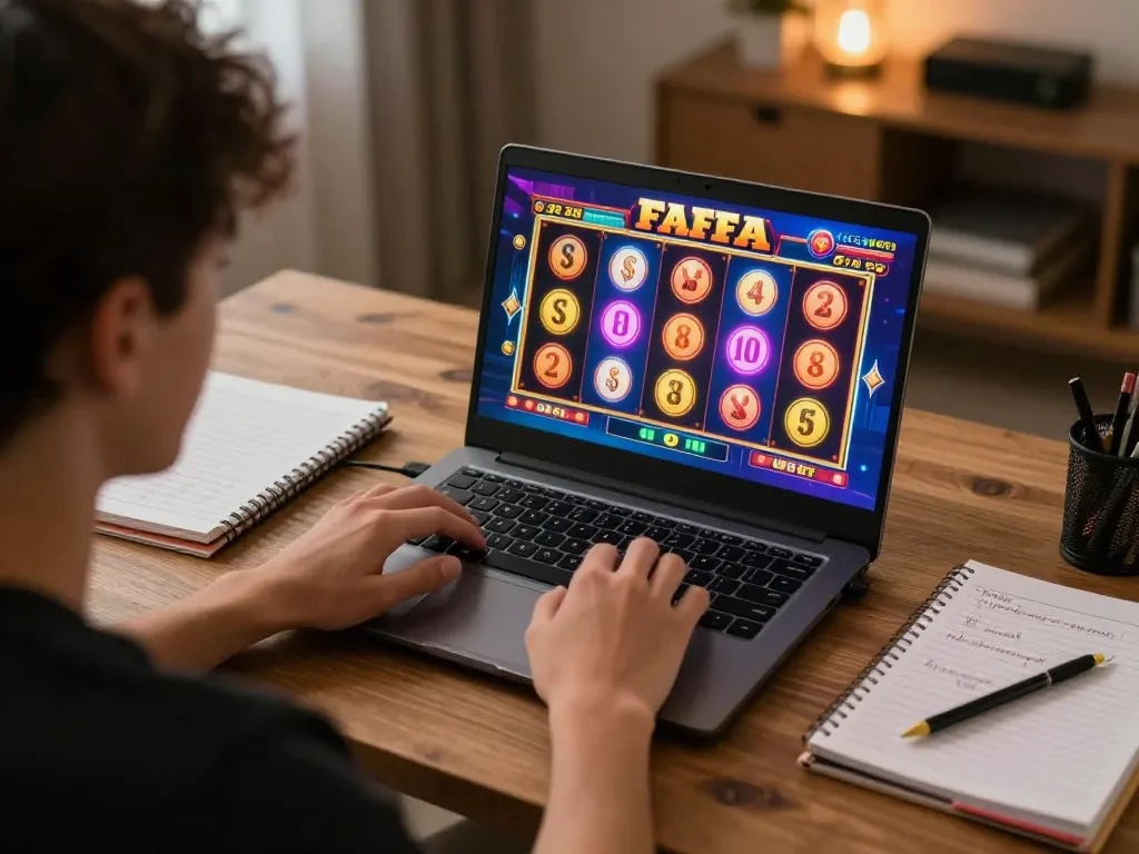 Engaging online gaming experience on FAFA 828 with colorful slot interface displayed on laptop