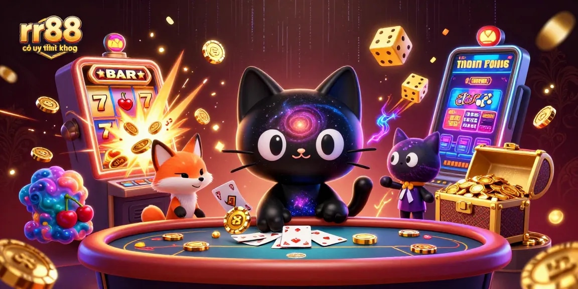 See the cosmic casino scene illustrating the concepts of rr88 có uy tín không with vibrant characters and dynamic game elements.