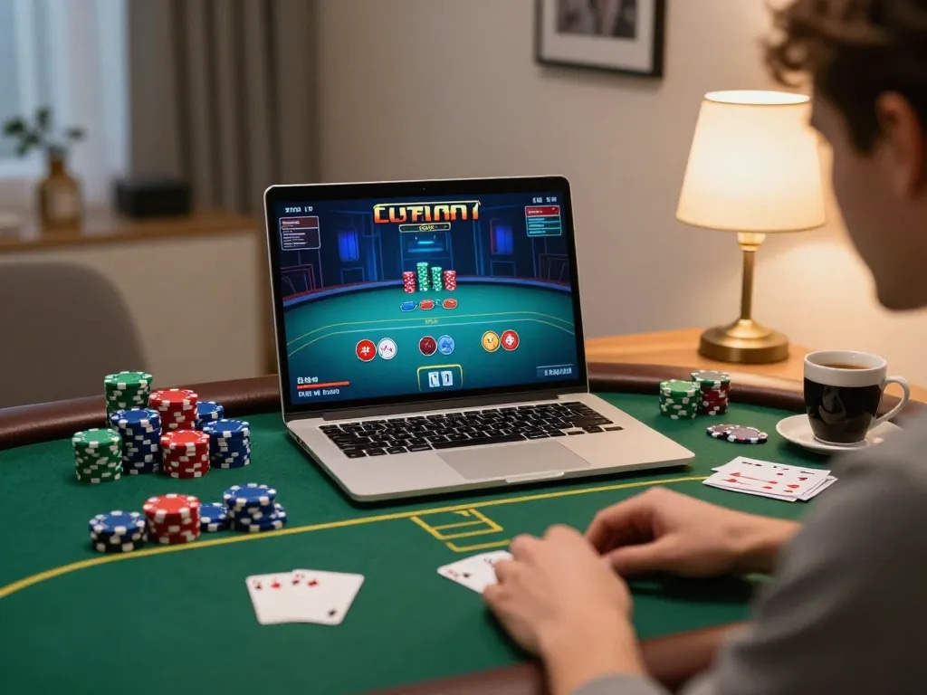CM88 player engaging in online poker with colorful chips and strategy notes in a cozy home setting