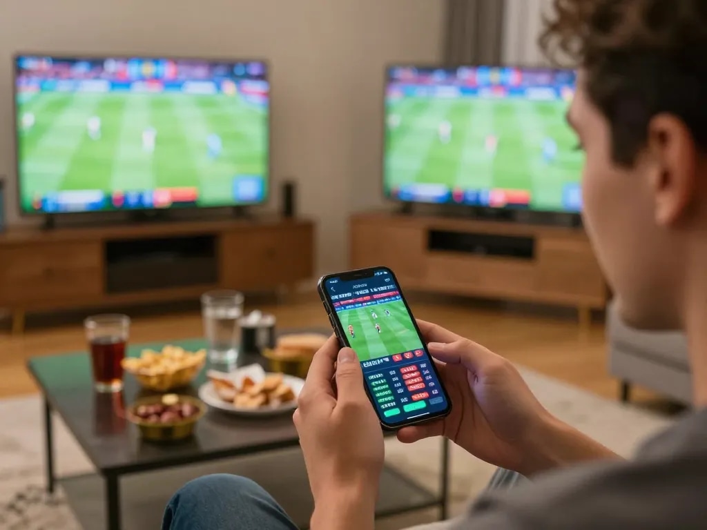 Engaging scene of LGOGOAL sports betting with a user checking odds on smartphone.