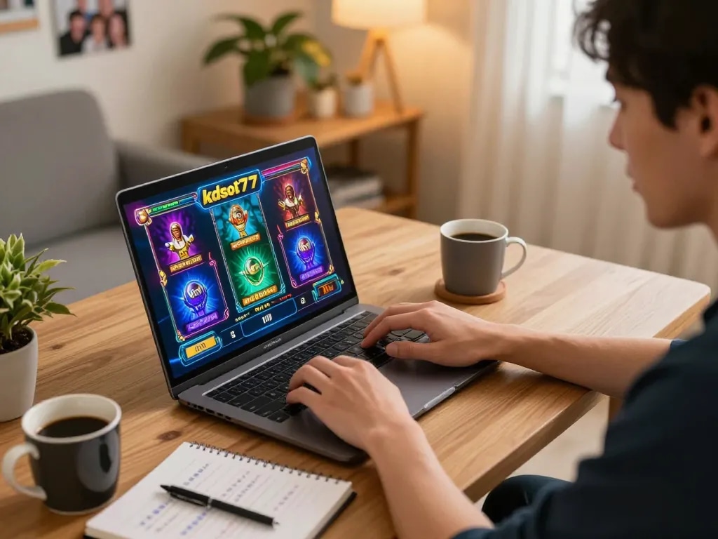Engaged gambler enjoying kdslot77 online slots at home with strategy notes and warm ambiance