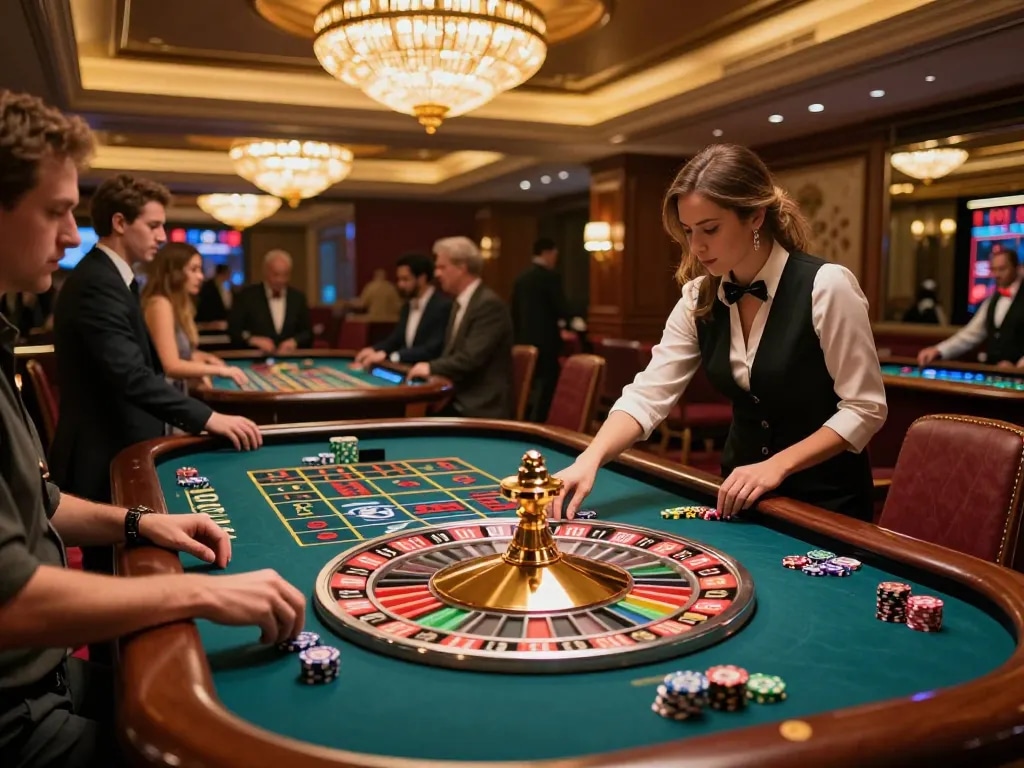 Leci123a players placing bets at a roulette table in a luxurious casino setting.