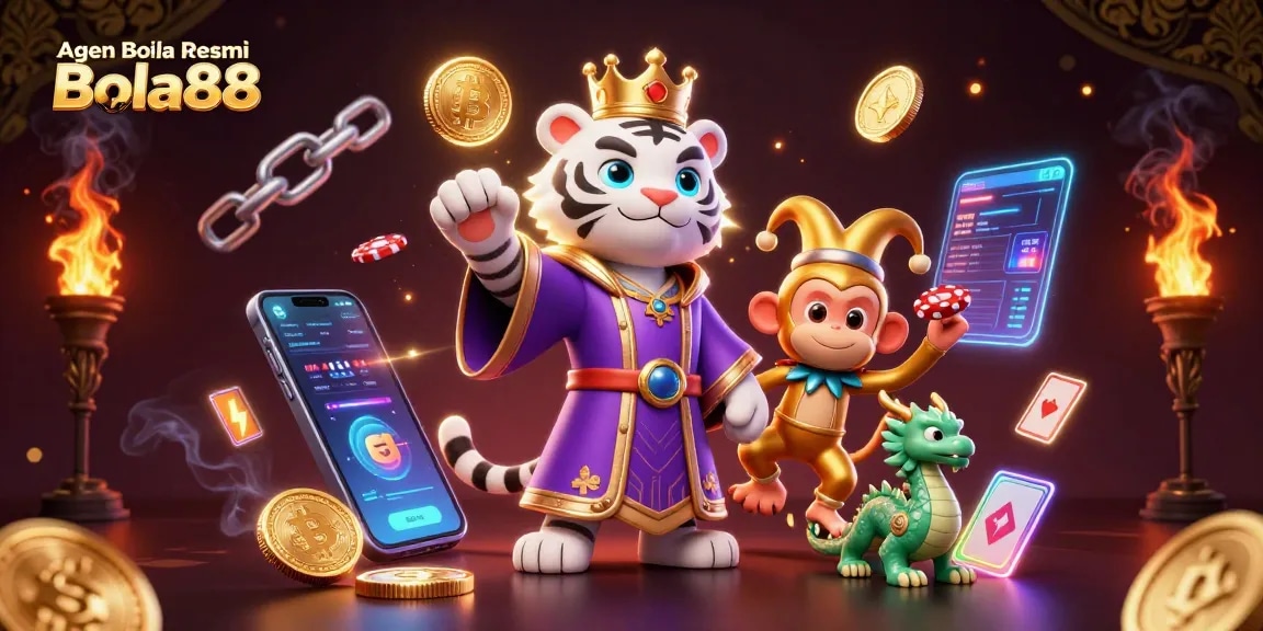 Agen Bola Resmi Bola88 portrays a dynamic 3D illustration with a royal tiger and playful monkey, embodying excitement in sports betting.