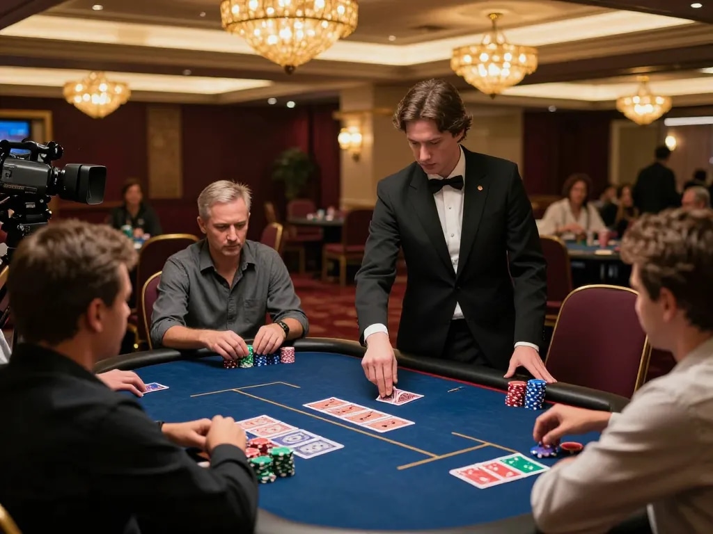 B52club players engaged at a poker table in a luxurious casino setting, dynamic gameplay atmosphere.