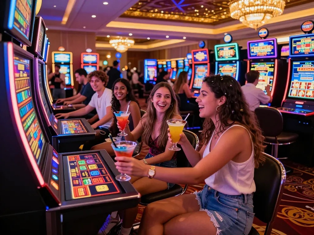 Group celebrating a win at sunwin20 slot machine in a lively casino atmosphere.