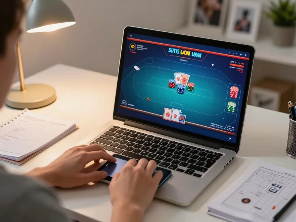 Experience situs idn poker action on a laptop in a cozy home setting, showcasing a thrilling game.