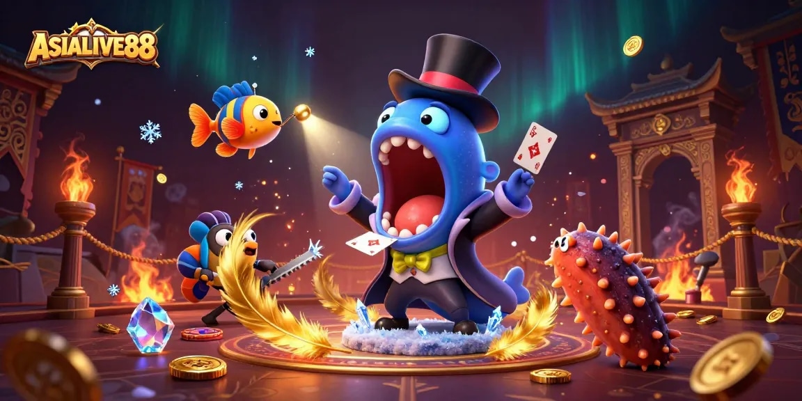 Join the ASIALIVE88 magic with an eel performing card tricks in a vibrant casino scene.