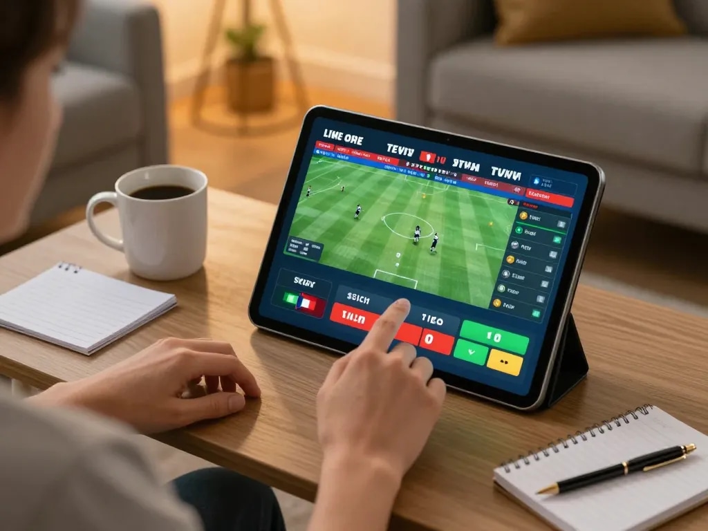 Engaging in sports betting on link gg88 with a tablet, showcasing live odds and strategic notes.