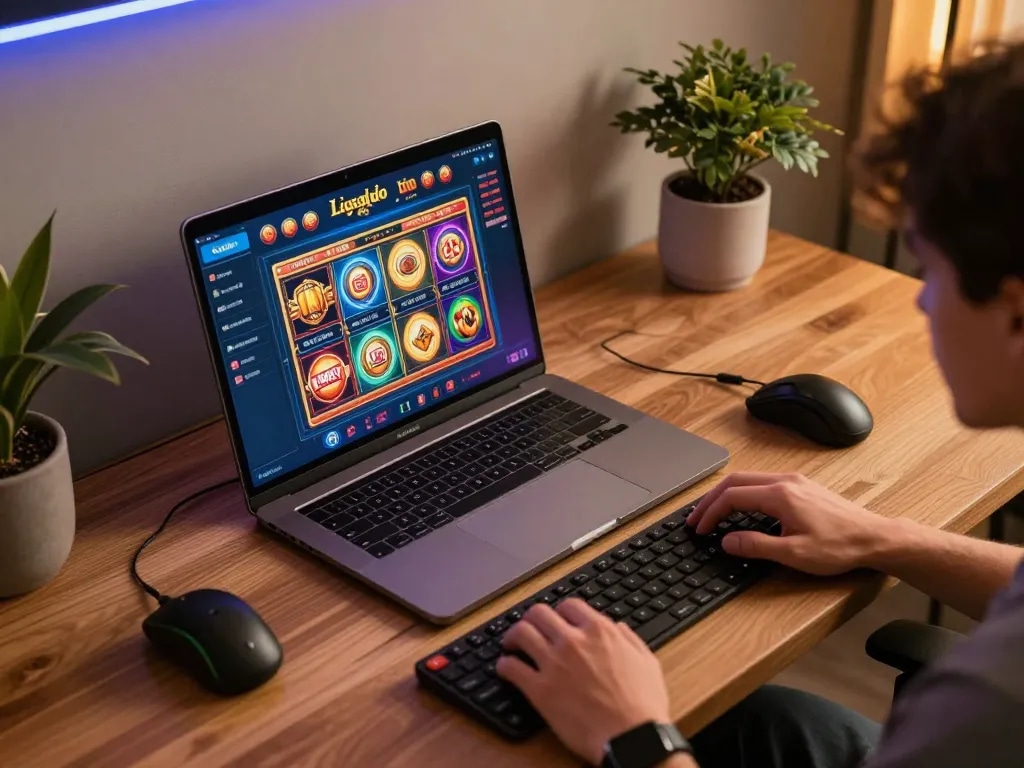 Engaging online gaming session on ligalgo with vibrant game graphics in a cozy home setup.
