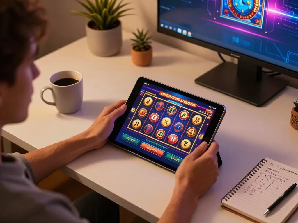Pemain menikmati pengalaman permainan imersif di aplikasi oursinado dengan tablet genggam yang menampilkan mesin slot.
