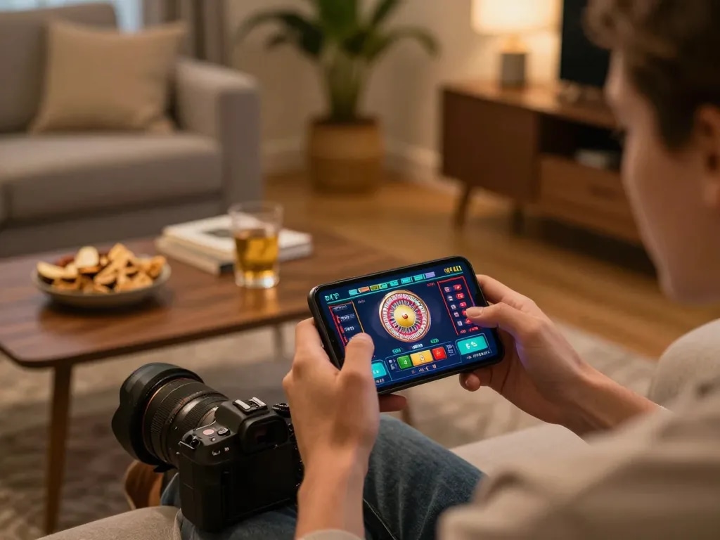 MPOID user engaging in mobile casino gaming while enjoying a cozy home atmosphere with roulette display.