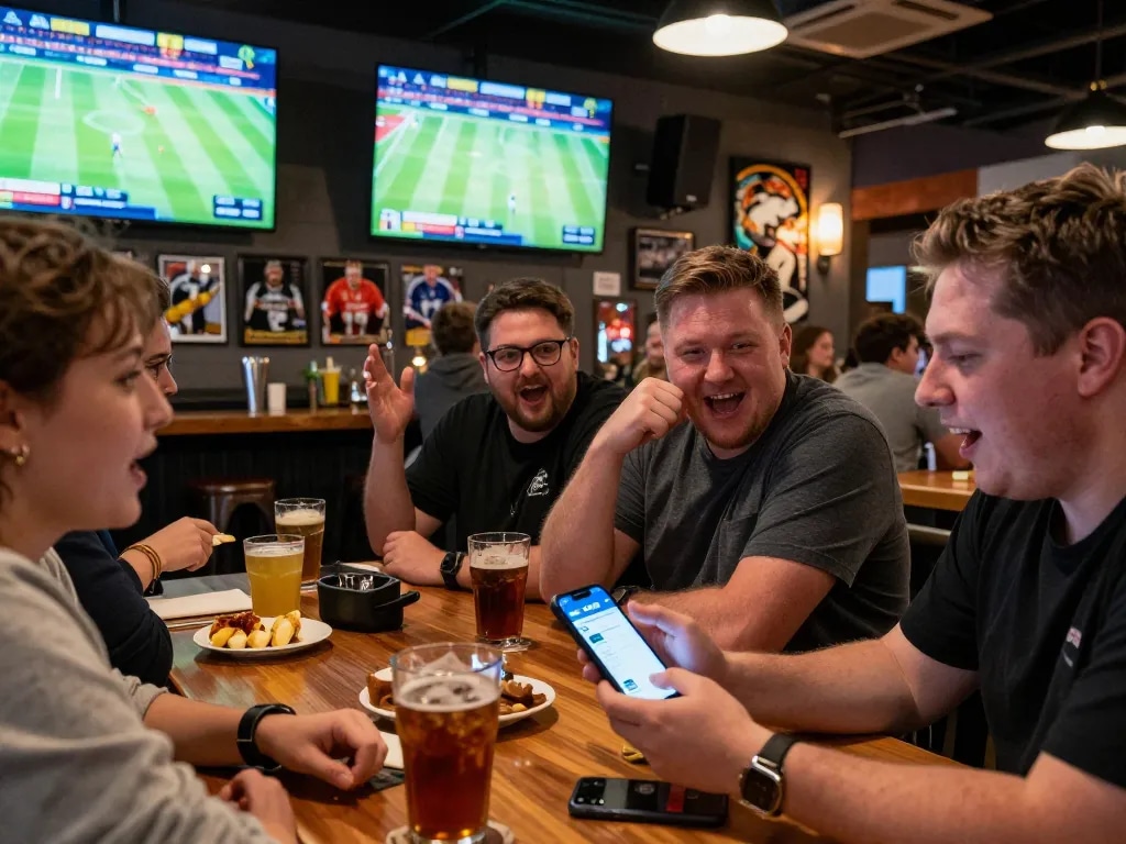 C168 app interface displayed as a player places a bet in a lively sports bar.